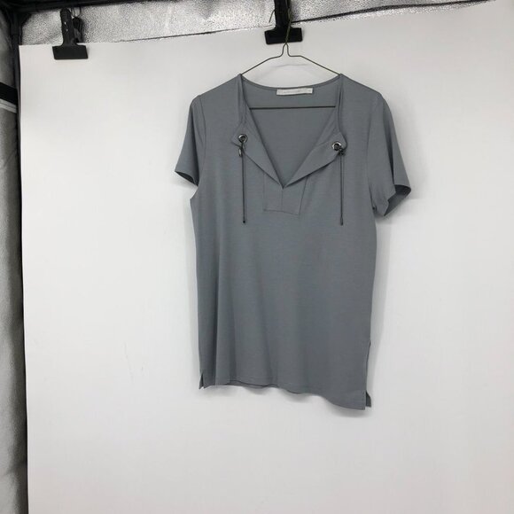 Lauren Vidal blue grey short sleeve viscose Chained  V-neck blouse Med - Picture 14 of 14